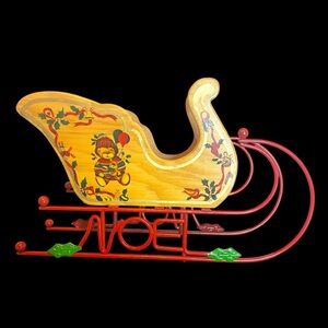 Wood Christmas Sleigh NOEL Teddy Bear Red Runners Holly Ribbons VTG Decoration